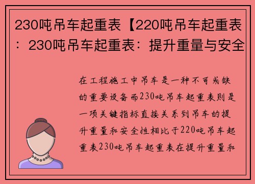 230吨吊车起重表【220吨吊车起重表：230吨吊车起重表：提升重量与安全性的完美平衡】