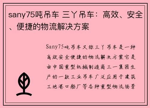 sany75吨吊车 三丫吊车：高效、安全、便捷的物流解决方案