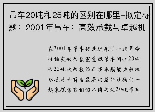 吊车20吨和25吨的区别在哪里-拟定标题：2001年吊车：高效承载与卓越机动的完美结合