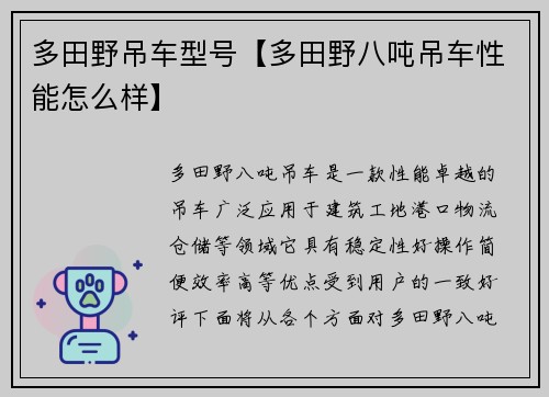 多田野吊车型号【多田野八吨吊车性能怎么样】