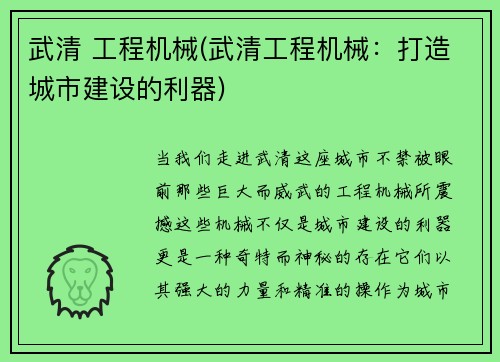 武清 工程机械(武清工程机械：打造城市建设的利器)